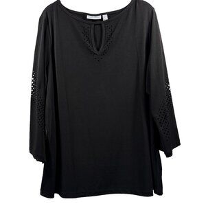 Susan Graver Women's Top Size XL Solid Black Liquid Knit‎ Vented 3/4 Sleeves